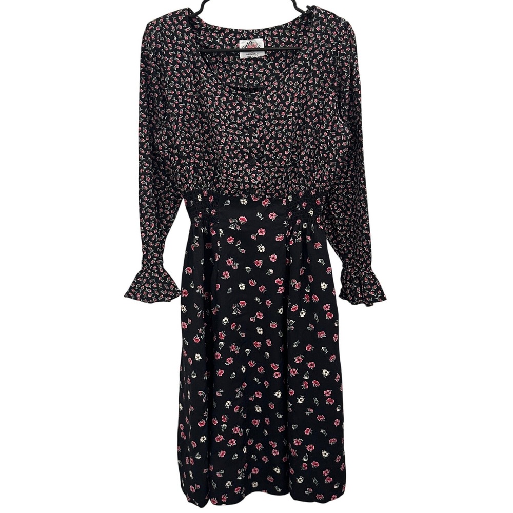 VTG 80s Lanz Originals Ditsy Floral Shirred Midi Dress Black Pink Chintz Cottage